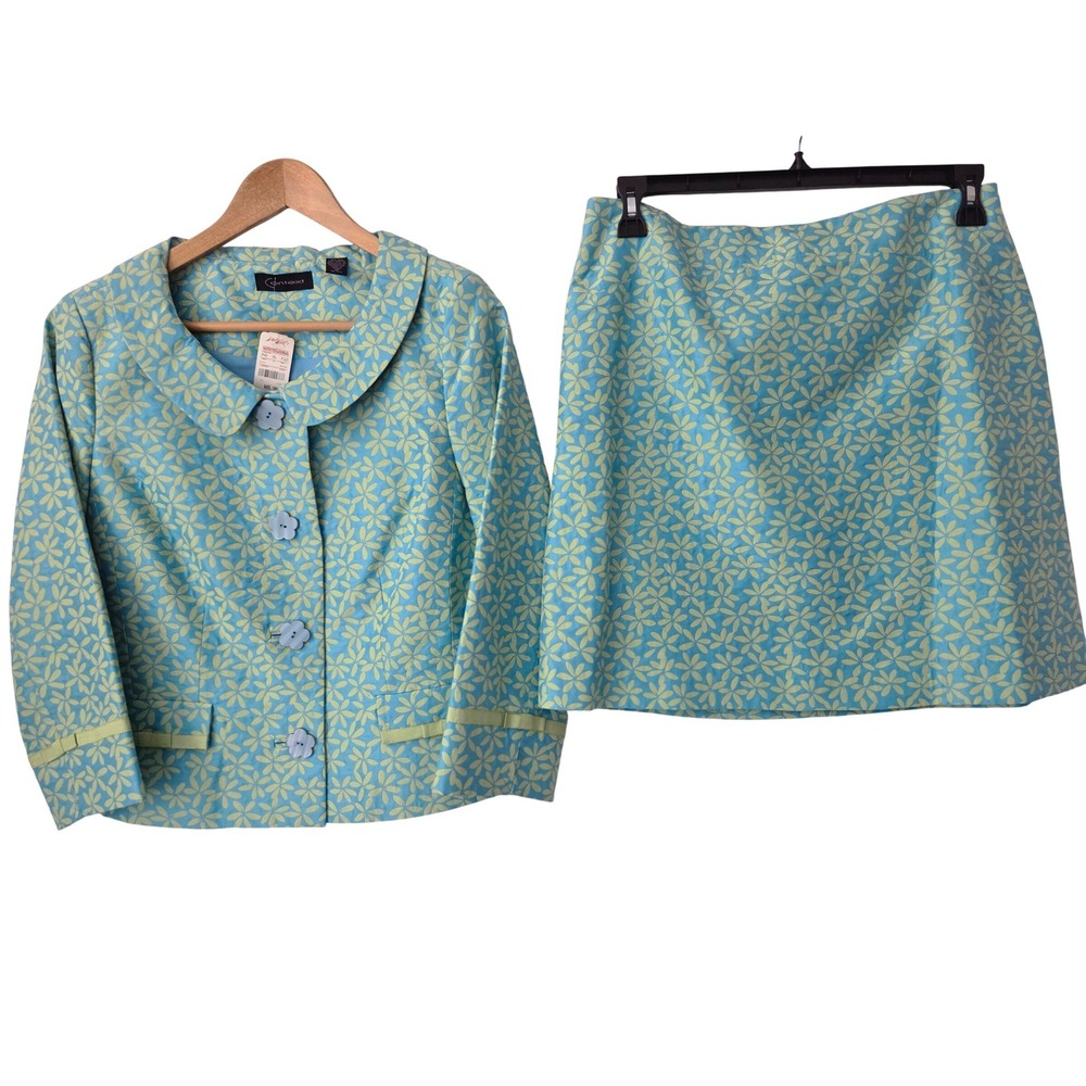Context 2 pc Skirt Suit Silk Cotton Size 10  Green Yellow Floral‎ NWT $258